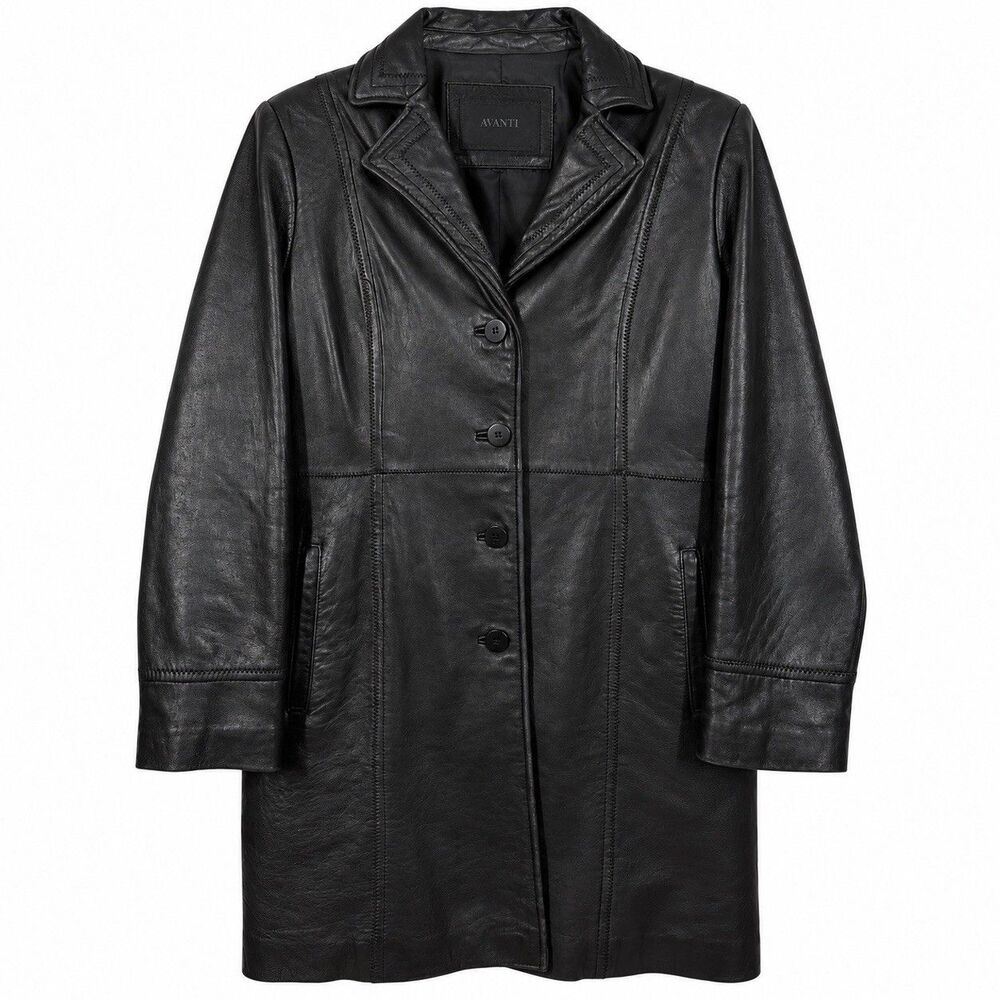 Avanti New York Womens Large Black Genuine Leather Long Coat Button Front Jacket
